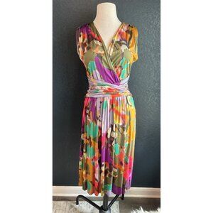 Etro Women's Artsy Colorful Print Dress Sz 12/14 (IT 44) V Neck Mid Length